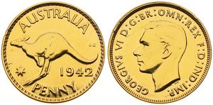 Australia, British Colony, George VI, 1 Penny Bronze 1942, Head left, KM 36 Privatly gilded, VF