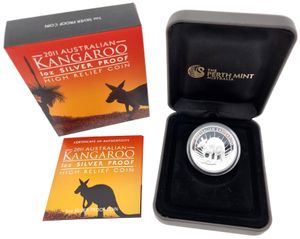 Australia, British Colony, Elizabeth II, 1 Dollar Silver 2011, Kangaroo left, sun rays in background - struck in ULTRA HIGH RELIEF, KM 1605, PROOF 