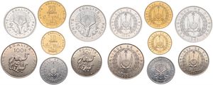Djibouti, Republic, 1, 2, 5, 10, 20, 50 & 100 Francs 1991-2004, National arms within wreath, KM 20/26, UNC