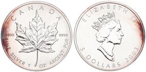 Canada, Confederation, Elizabeth II, 5 Dollars Silver 2003, Maple Leaf - Crowned head right, KM 187, UNC