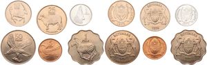 Botswana, Republic, 1, 5, 10, 25, 50 Thebe & 1 Pula 1976, Various Animal designs, KM 3/8, UNC