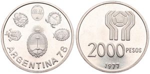 Argentina, Republic, 2000 Pesos Silver 1977, World Championship Soccer, KM 79 KEY DATE, UNC