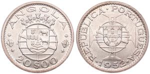 Angola, Portuguese Colony, 20 Escudos Silver 1952, National arms, KM 74, B.UNC