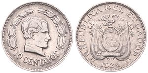 Ecuador, Republic, 10 Centavos Nickel 1928, Head of Bolivar right, KM 70, VF