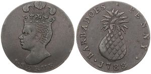 Barbados, Commonwealth, Token Coinage, 1 Penny Copper 1788, Crowned head left / Pineapple above date, Tn8, VF