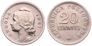 Angola, Portuguese Colony, 20 Centavos Copper-Nickel 1921, Laureate head left, KM 64, XF