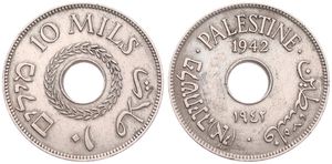 Palestine, British Administration, 10 Mils Copper-Nickel 1942, Date above and below center hole, KM 4, SCARCER DATE, VF
