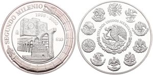 Mexico, Estados Unidos, 10 Pesos Silver 1999-2000, Millennium - Ancient and modern buildings within circle, KM 633, PROOF