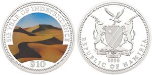 Namibia, Republic, 10 Dollars Silver 1995, 5th Anniversary of Independence - Multicolor desert view, KM 8, PROOF