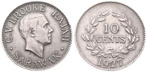 Sarawak, British Colony, Charles V. Brooke Rajah, 10 Cents Copper-Nickel 1927H, Head right, KM 16, XF