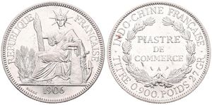 French Indo-China, Colony, 1 Piastre Silver 1906A, Liberty seated left with fasces, KM 5a.1, VF+