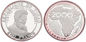 Chad, Republic, 500 Francs Silver 2000, Millennium - Native portrait right within circle, KM 17, PROOF