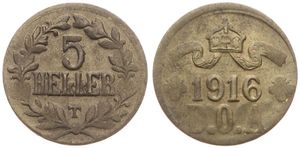 German East Africa, Colony, Wilhelm II, 5 Heller Brass 1916T, Crown with ribbon above date, KM 14, XF 