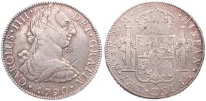 Mexico, Spanish Colony, Charles IV, 8 Reales Silver 1790FM, Armored bust right / Crowned arms flanked by pillars, KM 108, VF (some scratches)