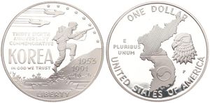 United States of America, Republic, 1 Dollar Silver 1991P, 38th Anniversary of the Korean War, KM 231, PROOF