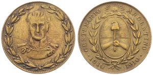 Argentina, Republic, Medal in Brass 1910, Centenary of Independence - Bust of José de San Martin facing within wreath, VF