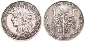 Guadeloupe, French Colony, 1 Franc Copper-Nickel 1921, Armored head left within circle, KM 46, VF