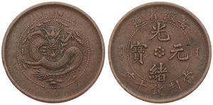 China, Anhwei Province, 10 Cash Copper ND (1902-1906), Dragon within beaded circle - small rosette at center on obverse, KM 36a, VF