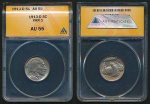 United States of America, Republic, 5 Cents Copper-Nickel 1913D, Buffalo nickel, KM 133, (mound reverse), ANACS Graded AU-55 