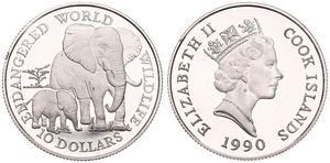 Cook Islands, New Zealand Dependency, 10 Dollars Silver 1990, Endangered World Wildlife - African Elephants, KM 80, PROOF