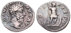Roman Empire, Marcus Aurelius, 1 Denarius Silver ND (161-80 AD), Bearded head right / Standing figure holding spear, KM NL, F/VF