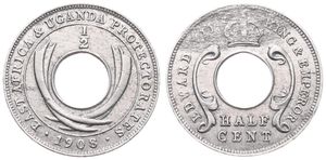 East Africa & Uganda Protectorates, British Colony, Edward VII, 1/2 Cent Aluminum 1908, Crown above center hole, KM 6, SCARCE, A.XF