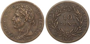 French Colonies, Colonial Coinage, Charles X, 10 Centimes Bronze 1829A, Laureate head left, KM 11.1, KEY DATE, VF