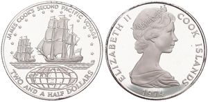 Cook Islands, New Zealand Dependency, 2-1/2 Dollars Silver 1974, 2nd Pacific Voyage of Captain James Cook, KM 9, PROOF