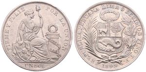 Peru, Republic, 1 Sol Silver 1895TF, Seated Liberty flanked by shield and column, KM 196.26, XF