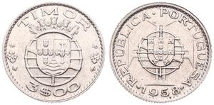 Timor, Portuguese Colony, 3 Escudos Silver 1958, Shield within globe on maltese cross, KM 14, A.UNC