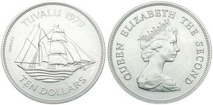 Tuvalu, Constitutional Monarchy within the Commonwealth, Elizabeth II, 10 Dollars Silver 1979, 1st Anniversary of Independence / Sailing Ship 'Rebecca', KM 10, UNC