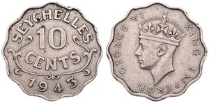 Seychelles, British Colony, George VI, 10 Cents Copper-Nickel 1943, Crowned head left, KM 1, VF 