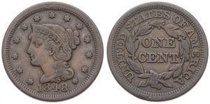 United States of America, Republic, 1 Cent Copper 1848, Braided hair cent, KM 67, VF