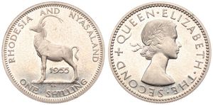 Rhodesia & Nyasaland, Federation, Elizabeth II, 1 Shilling Silver 1955, Sable antelope, KM 5a, SCARCE, PROOF