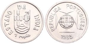 India-Portuguese, Colony, 1 Rupia Silver 1935, Divided shield above denomination, KM 22, XF