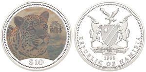 Namibia, Republic, 10 Dollars Silver 1995, Miss Universe Namibia - Multicolor Leopard, KM 10, PROOF