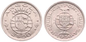 Angola, Portuguese Colony, 2-1/2 Escudos Copper-Nickel 1956, National arms, KM 77, UNC