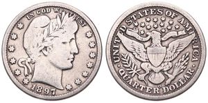 United States of America, Republic, 1/4 Dollar Silver 1897O, Barber quarter, KM 114, VG