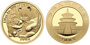 China, Peoples Republic, 100 Yuan Gold 2005, Panda cub and mom seated in bamboo, KM 1584, PROOFLIKE (*)