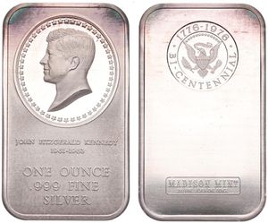 United States of America, Republic, Lingot (1 Oz) in Silver 1976 by the Madison Mint, Bust of John Fitzgerald Kennedy in cameo left / American arms in circle, PROOFLIKE 