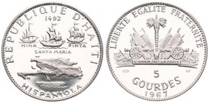 Haiti, Republic, 5 Gourdes Silver 1967, 10th Anniversary of Revolution - Columbus Discovers America, KM 64.1, PROOF