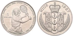 Niue, New Zealand Dependency, 5 Dollars Copper-Nickel 1987, Olympics - Tennis player Steffi Graf, KM 5, UNC