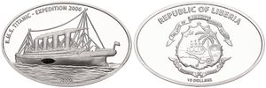Liberia, Republic, 10 Dollars Silver 2005, Titanic with recovered coal insert, KM 1019, PROOF