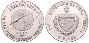 Cuba, Second Republic, 5 Pesos Silver 1980, First Soviet-Cuban Space Flight, KM 47, UNC