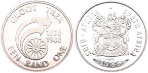 South Africa, Republic, 1 Rand Silver 1988, The Great Trek - Stylized Wheel and Arrows, KM 128, PROOF