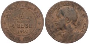 Italian Somaliland, Colony, Vittorio Emanuele III, 4 Bese Bronze 1910R, Uniformed bust left, KM 3, F/VF