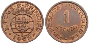 Saint Thomas & Prince, Portuguese Colony, 1 Escudo Bronze 1962, National arms, KM 18, SCARCE KEY DATE, A.UNC
