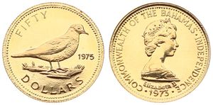 Bahamas, Commonwealth, Elizabeth II, 50 Dollars Gold 1975, 1st Anniversary of Independence - Tobacco Dove, KM 69, B.UNC (*)