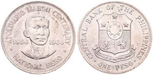 Philippines, Republic, 1 Peso Silver ND (1964), 100th Anniversary of the Birth of Apolinario Mabini, KM 194, UNC