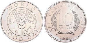 East Caribbean States, British Colony, Elizabeth II, 10 Dollars Copper-Nickel 1981, F.A.O. - World Food Day, KM 16, B.UNC